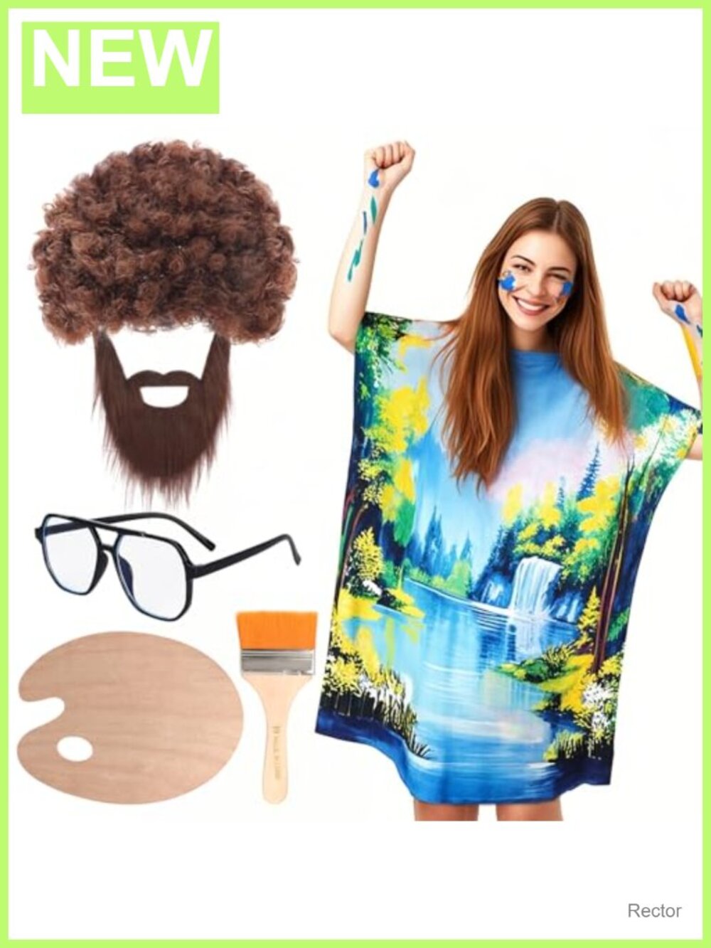 80s Painter Artist Costume Set Wig Beard Palette Brush Halloween